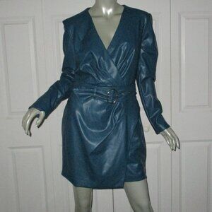 GUESS Teal Vinyl Belted Lined Dress Ruched Details